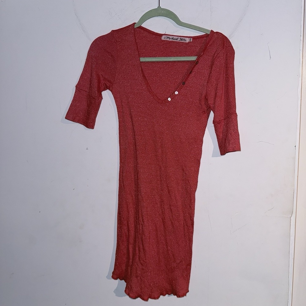 Y2K Michael Stars Henley  Shimmer Knit Mini Dress Deep V Ribbed Knit Lettuce Hem